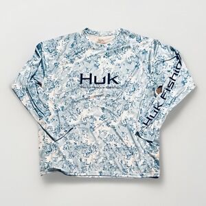 HUK Performance Fishing Men's XL Long Sleeve Blue Camo Shirt EEUC Water Print